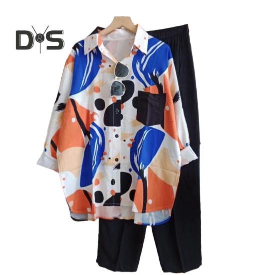 2 ks/sada Košile Kalhoty Sada Colorblock Jednořadá klopa Dlouhý rukáv Volný Pružný pas Široká noha Měkké Ležérní Dámská halenka Sada kalhot