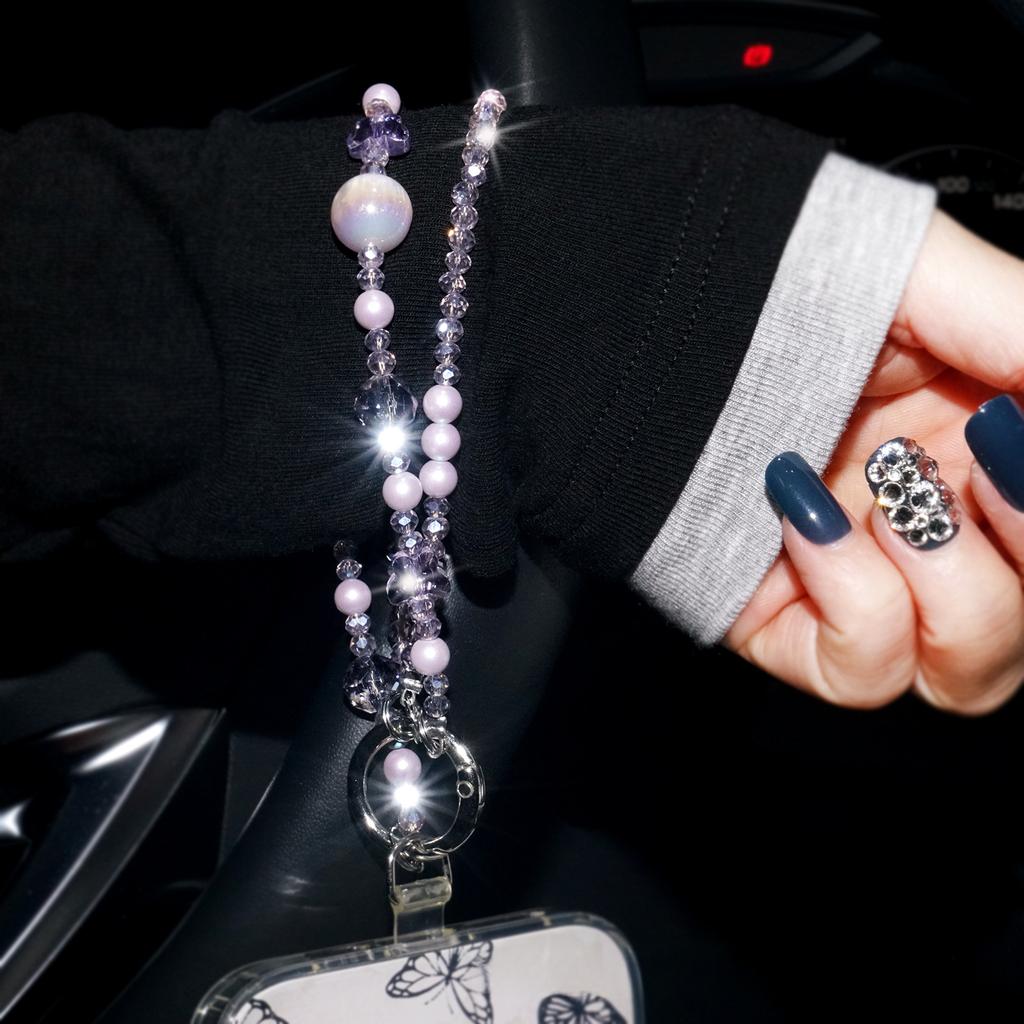 Phone Chain Double Chain Light-Changing Pearl Crystal Butterfly Beaded Hanging Chain Decorative Lanyard Fashion Versatile Phone Accessories