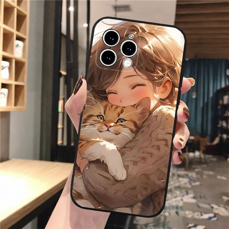 Anime Girl Woman Holding a Cat Phone Case For iphone 16 15 14 Pro Max 16 15 14 13 12 Pro 15Plus iphone 11