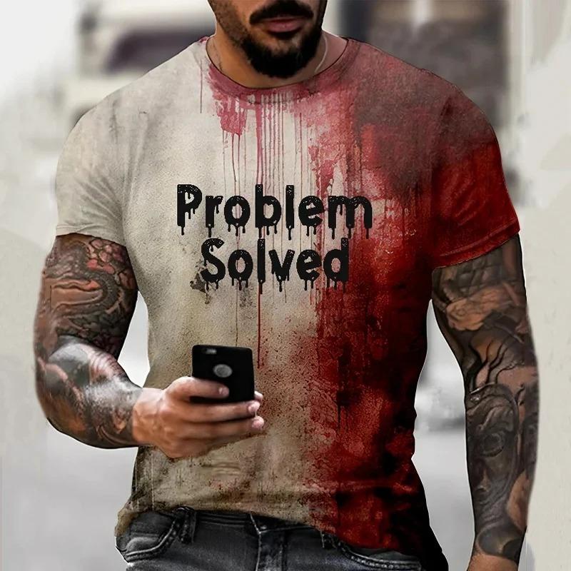 Halloween Problem Solved Bloody Graphic Men's T-Shirt For Men Clothing Short Sleeve Crew Neck Men Tops Horrible Tee Shirt Top