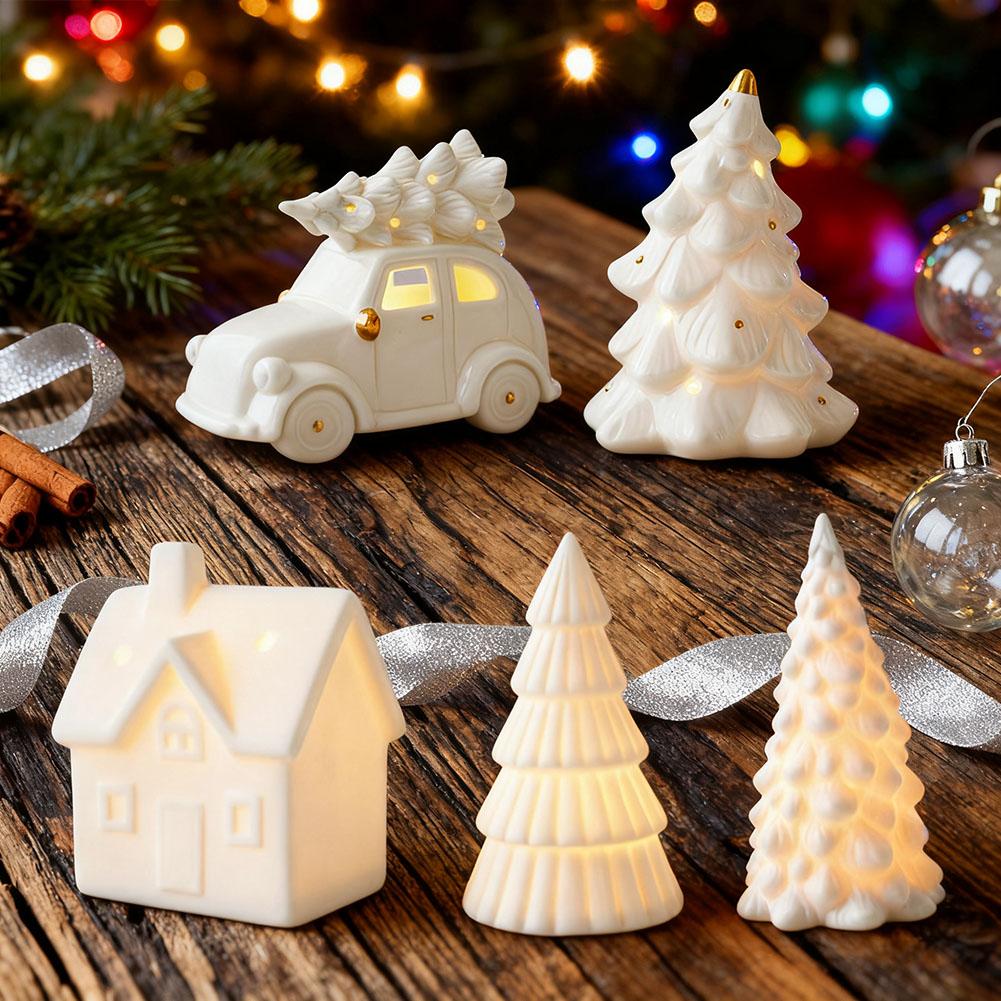 NEW Christmas Ceramic House Desktop Decoration Glowing Christmas Snowhouse Snowman Christmas Tree Decoration Ornament