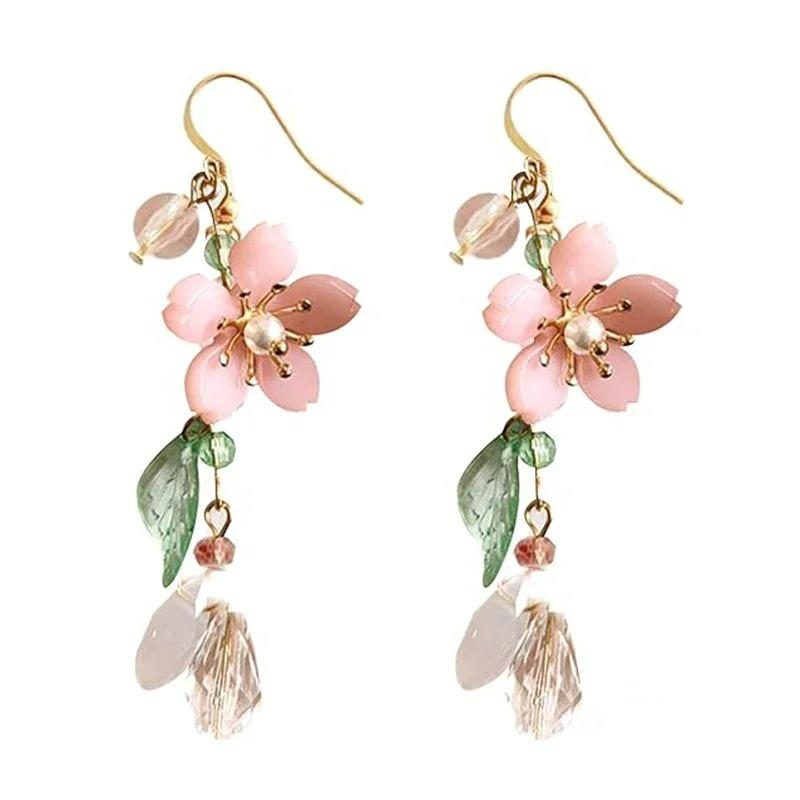 Exquisite Spring Pink Flower Dangle Earrings for Women, Fairy Charms Floral Leaf Earrings Summer Holiday Pendants Earrings Gifts