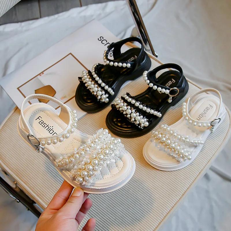 Little Kids Sweet Pearl Princess Shoes with Pearl Beading 2024 Summer New Korean Style Fashion Girl Sandals Elegant Temperament