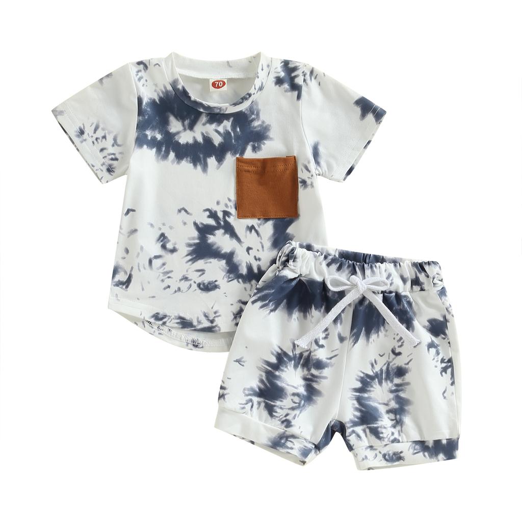 Baby Boys Shorts Set, Tie-dye Print Short Sleeve Crew Neck T-shirt with Elastic Waist Shorts Summer Outfit