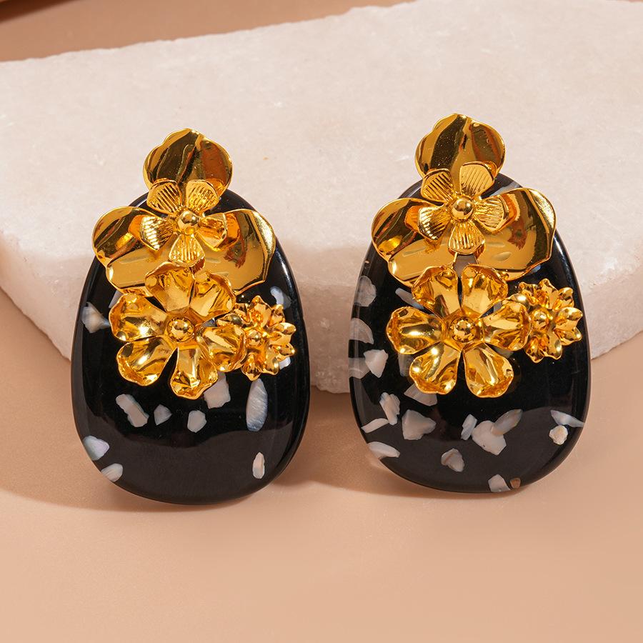 Vintage resin geometric oval flower silver needle earrings court style earrings