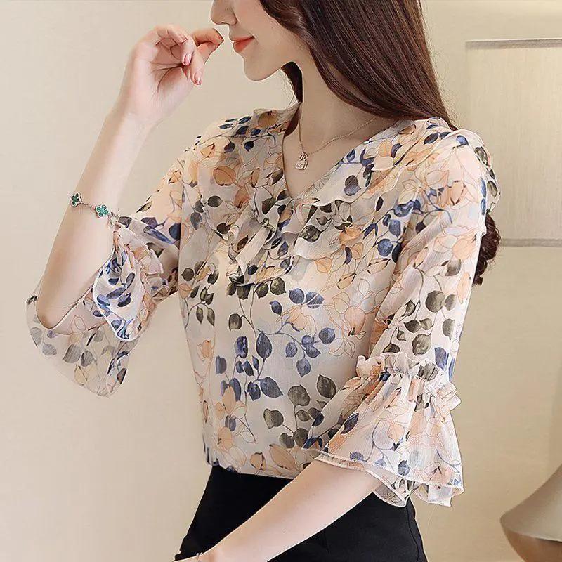 Fashion Summer Floral Chiffon Shirt Plus Size Half Sleeve Blouse Women's V Neck Butterfly Sleeve Top Female Blusas