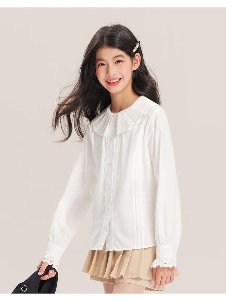 Girls' Shirt 2025 Spring New Style Doll Neck White Top Children's Thin Shirt