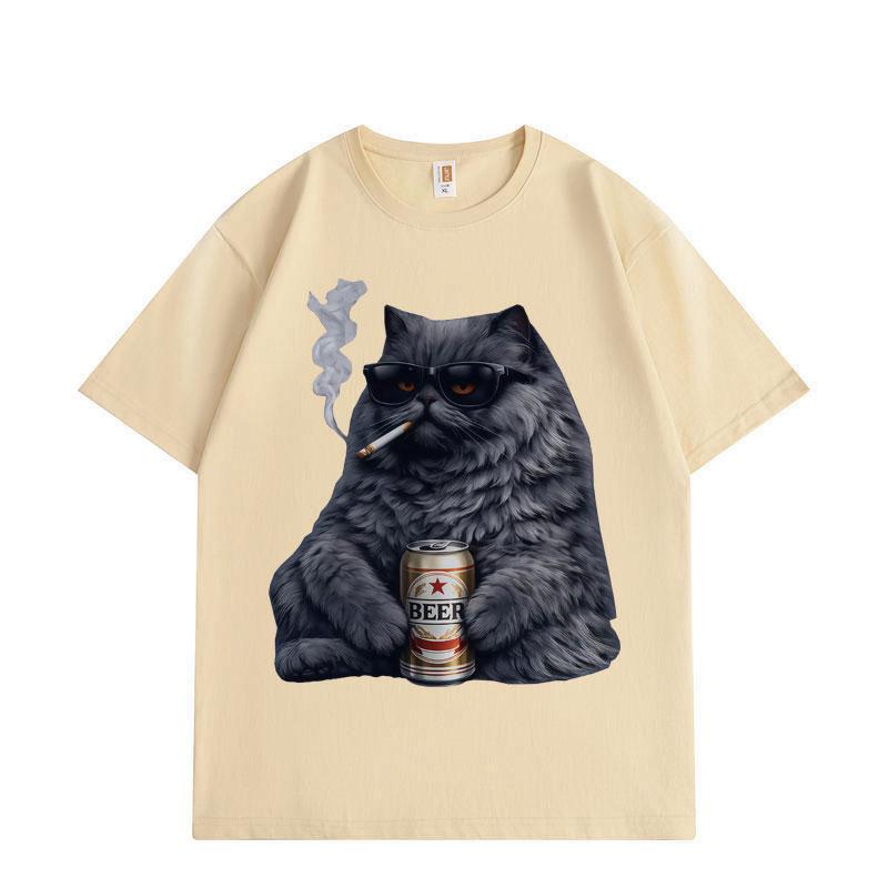Funny Cat Smoking and Drinking Graphic T Shirts High Street Fashion Trend Short Sleeve T-shirt Men Women Cotton T-shirts