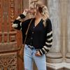 Casual Trend Versatile Autumn V-neck Colorblocking Knit Striped Sweater Short Jacket Women Cardigan
