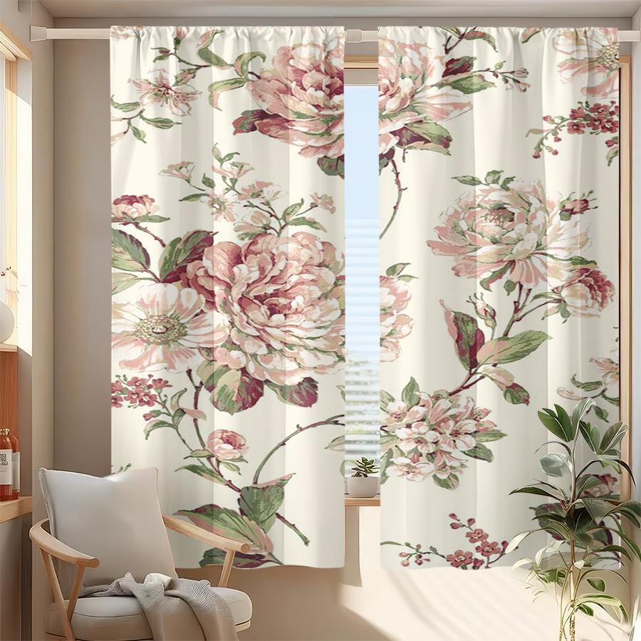 2PCS Multicolor Vintage Pink Peony Floral Pattern Curtains Rod Pocket Design For Bedroom And Living Room