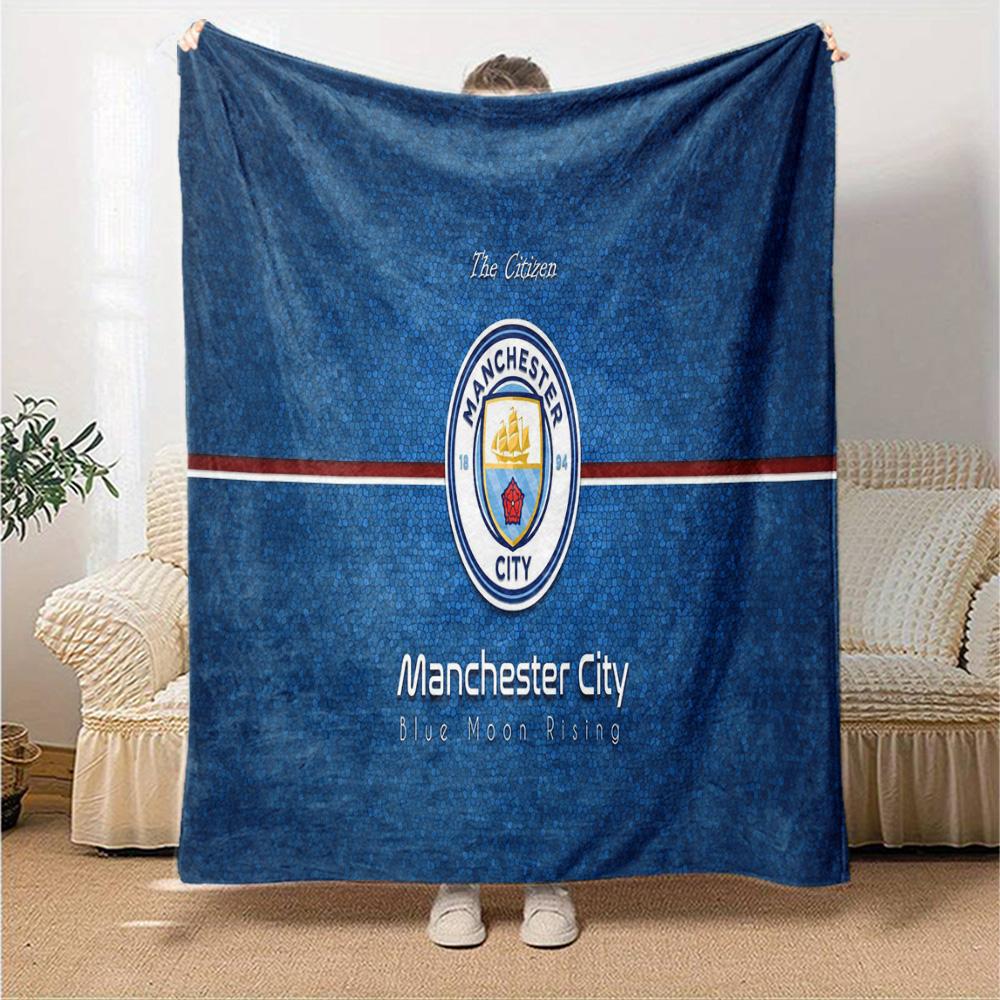 Manchester City Crest Flannel Blanket, Soft Polyester, Modern Design, All-Season for Camping, Travel, Gifts for holidays or birthdays