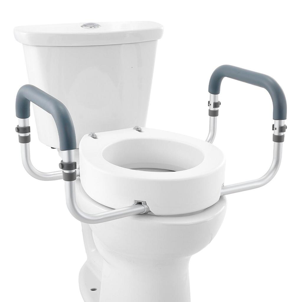 Raised Toilet Seat, 3.5" Height Raised, 300 lbs Weight Capacity, for Standard Round Toilet, Aluminum Handrail, with EVA Armrest Padding, for Elderly,
