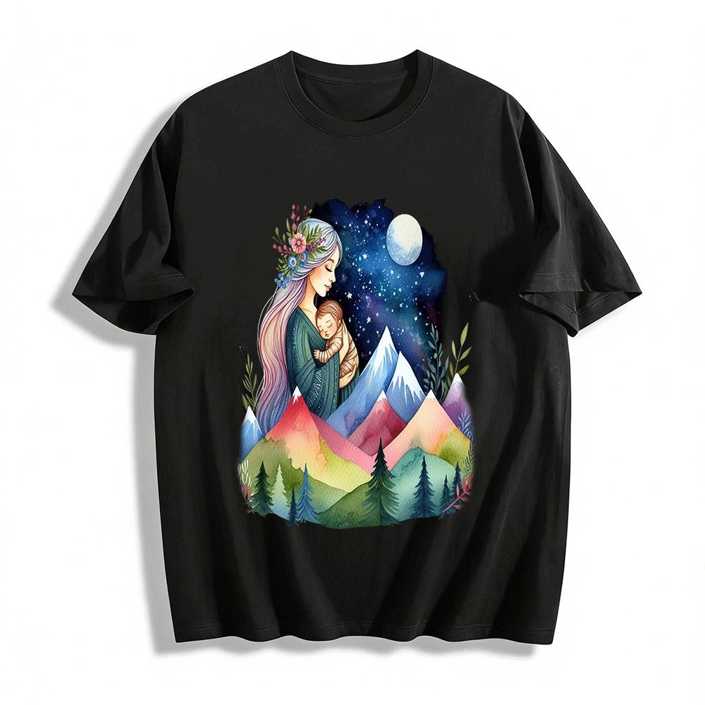 Watercolor Print Top Mother Holding Baby Mountain Moon Night Pure cotton T-shirt XXS