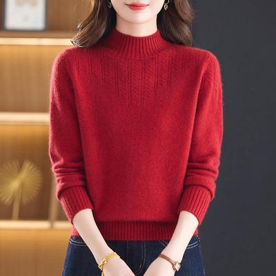 New Pure Wool Sweater for Middle-Aged & Elderly Women - Stylish, Warm, Half-High Collar, Thickened for Autumn/Winter