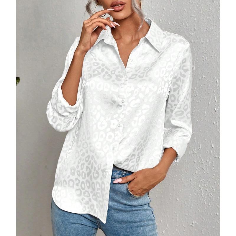 Women Satin Leopard Print Button Down Long Sleeve Blouse S