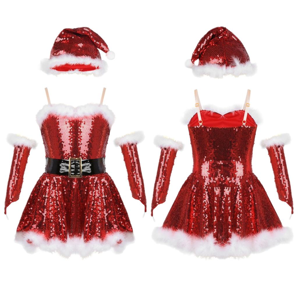 Kids Girls Santa Costume Outfit Sleeveless Sequin Tutu Dress Dance Show Fancy Dress Set for Christmas Cosplay Party