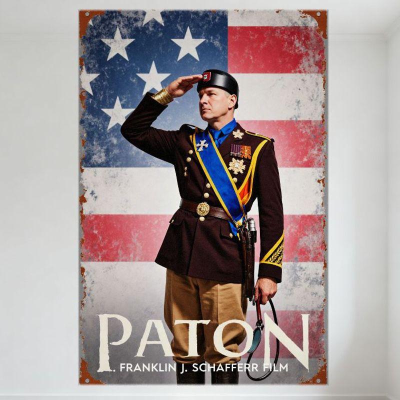 Vintage 'Patton' Movie Metal Tin Sign - Military Soldier Saluting American Flag, Medal Decorated Uniform, Sword & Rifle Decorati