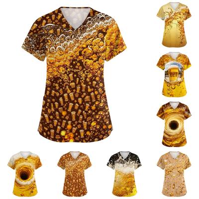 Camisa de Trabalho Feminina com Decote em V e Manga Curta com Bolsos Estampa Oktoberfest Casual Uniforme Top para Enfermagem e Profissionais de Saúde