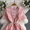 Elegant Pearl Chain Diamon Luxury Embroidery Lace Prom Evening Dresses Women Summer Short Sleeve Hollow Out Midi Long Dress