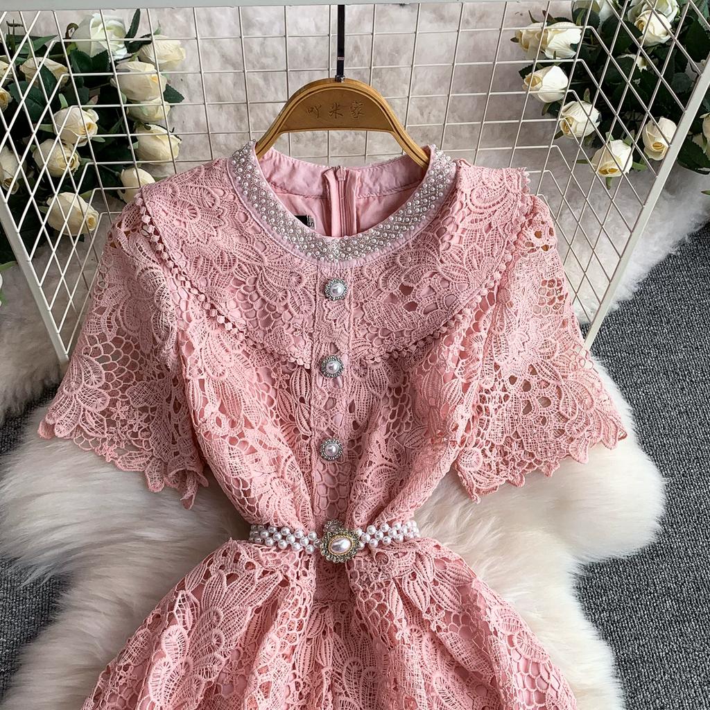 Elegant Pearl Chain Diamon Luxury Embroidery Lace Prom Evening Dresses Women Summer Short Sleeve Hollow Out Midi Long Dress