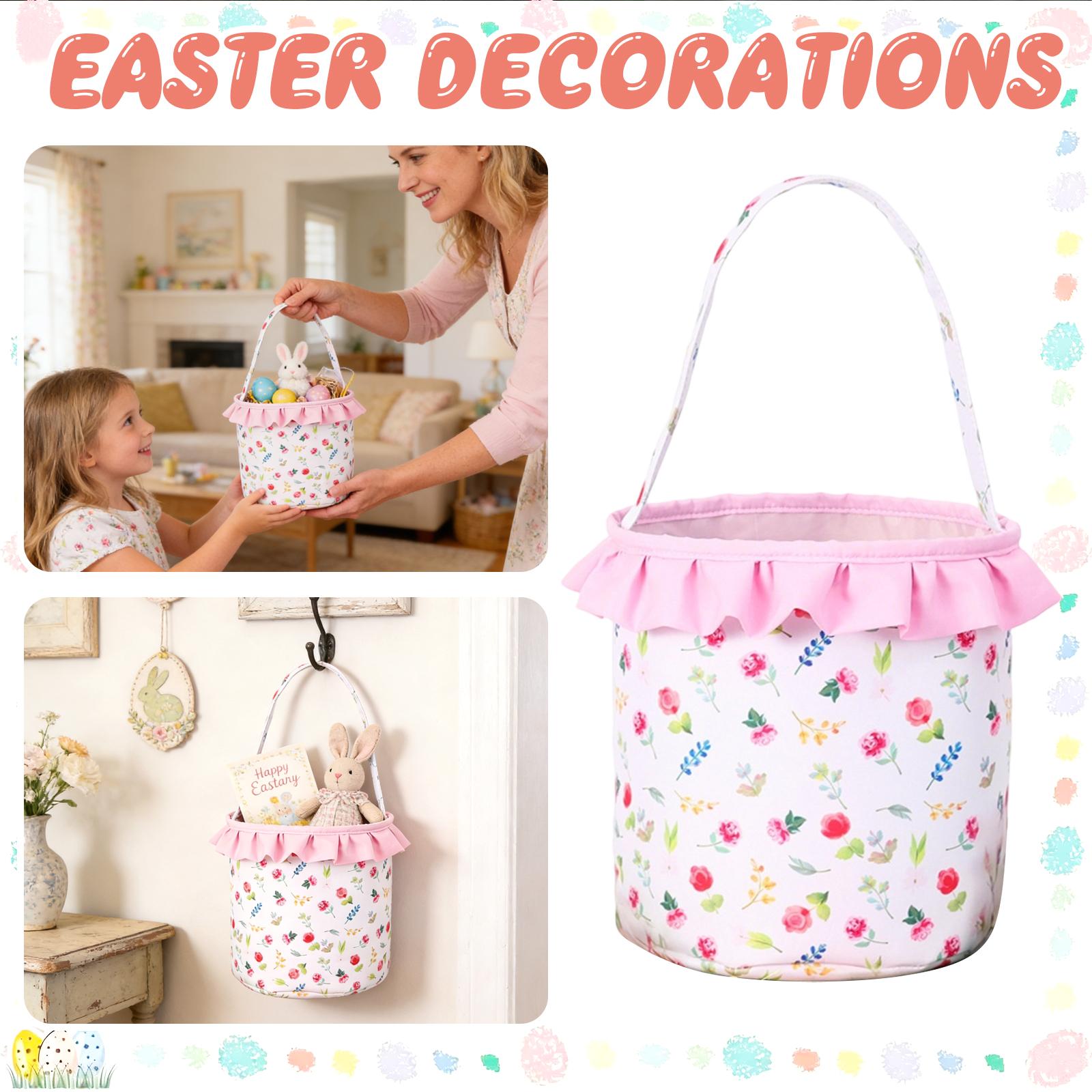 

Floral Pattern Easter Basket With Egg-Shaped Candy And Embroidered Ruffled Easter Basket One Size