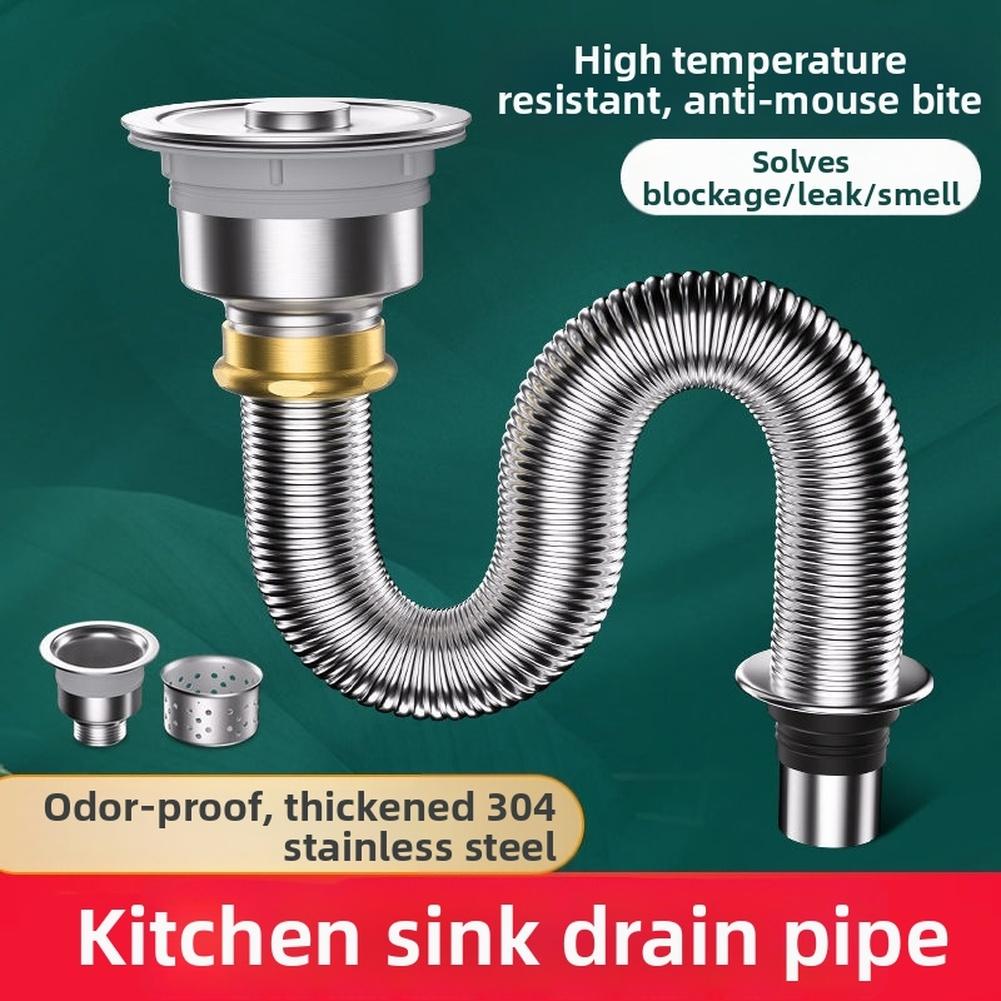 Kitchen Sink Drain Pipe Stainless Steel 304, 40 Cm Length, Leak-Proof And Odor-Blocking, Easy Installation, For Home-Use