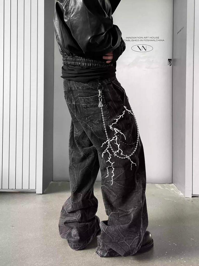 Męskie czarne jeansy American High Street: Haft Piorunem, Proste Luźne Szerokie Nogawki, Modny Rogue Street Style