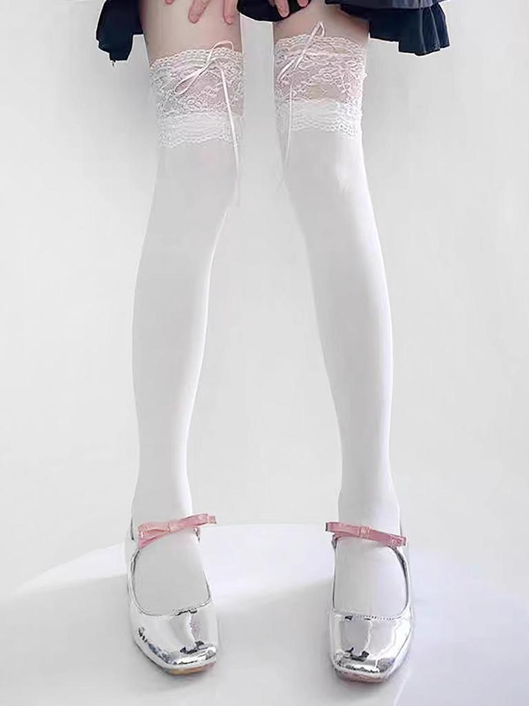 Lolita Lace Frill Mid-Calf Socks with Bow Ribbon - White Ballet Style JK Knee-Highs for Spring & Autumn