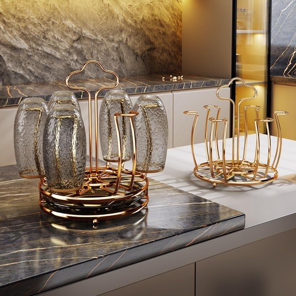 Gold Cup Holder with Water Drain Tray Large Capacity Glass Cup Storage Rack Mug&Cup Organizer Bar