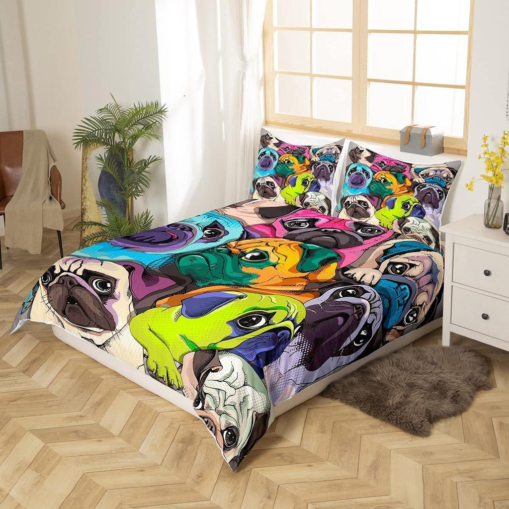 Colorful Cute French Dog Three-Piece Quilt Cover 3D Digital Printing Bedding Set Bed Cover
