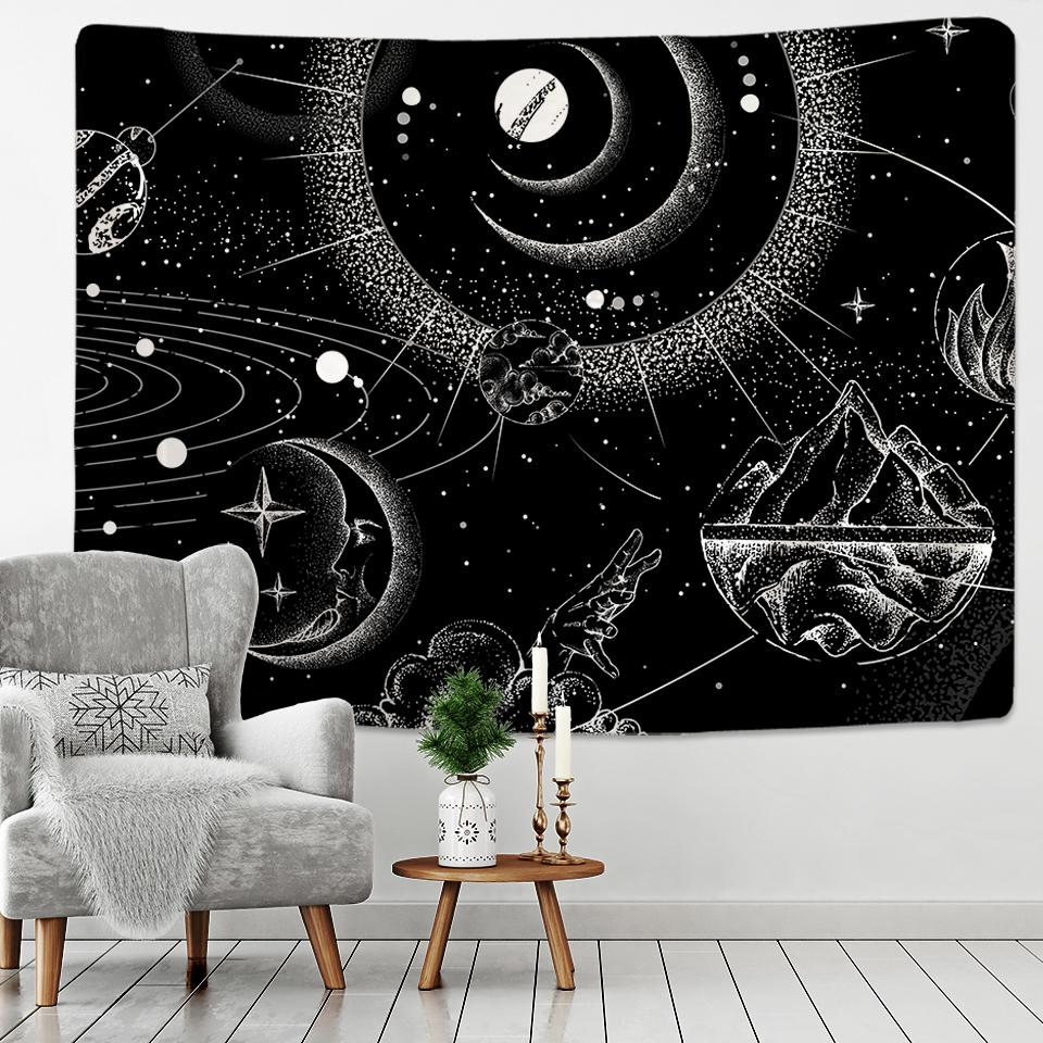 Sun Moon Tapestry Black White Starry Sky Wall Hanging Astrology Divination Matwitchcraft Hippie Mandalas Psychedelic Taiji Decor
