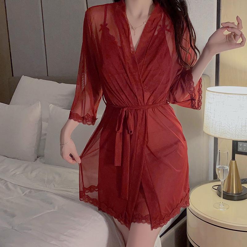 

Сексуальный халат комплект женский глубокий V сетчатый кружевной крест спинка платье-комбинация пижама халат на шнуровке домашняя одежда L