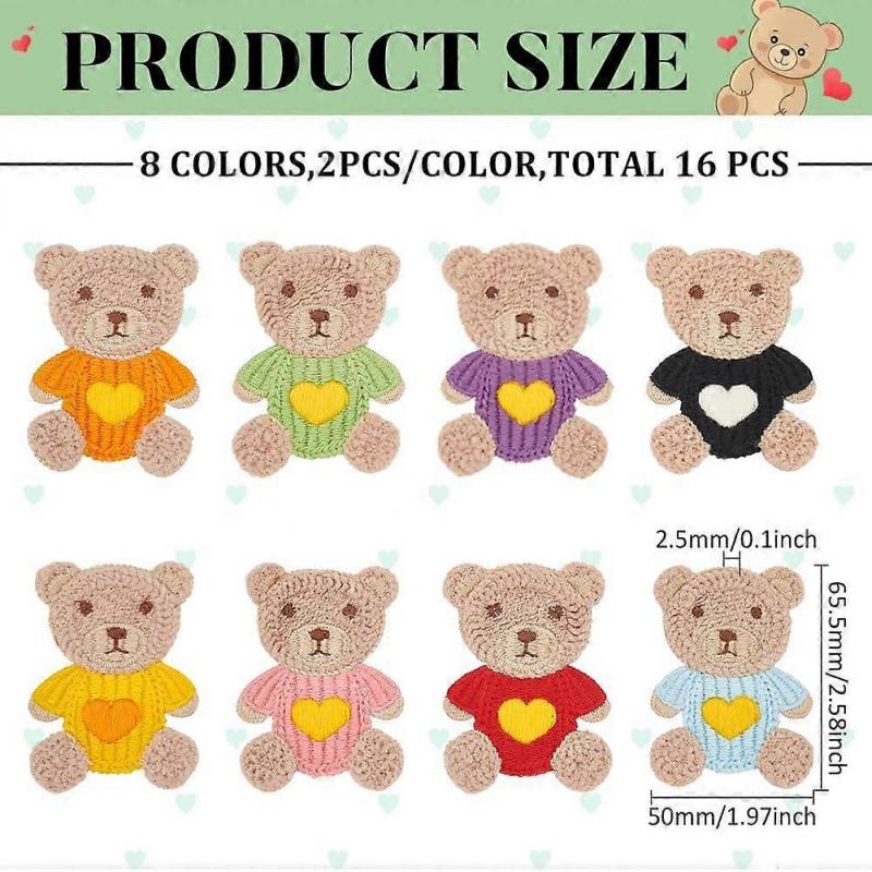16 Pcs Little Bear Crochet Knitted Cloth Patch 8 Colors Crochet Bear Applique Patches Cartoon Bear Pattern Sew On Patches Repair Patch for Jackets Dre