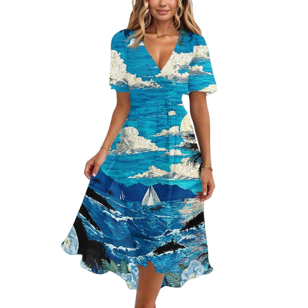 Women V Neck Short Sleeve Casual Dress Hawaiian Print Mid Length Summer Dress with Waist Tie Beachwear