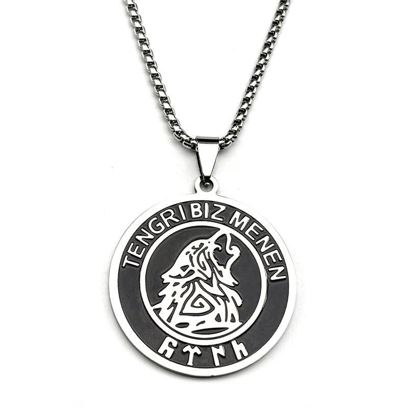 Black Enamel TENGRI BIZ MENEN Wolf Head Rune Stainless Steel Pendant Necklace for Women Men Silver Color Chain Amulet Jewelry