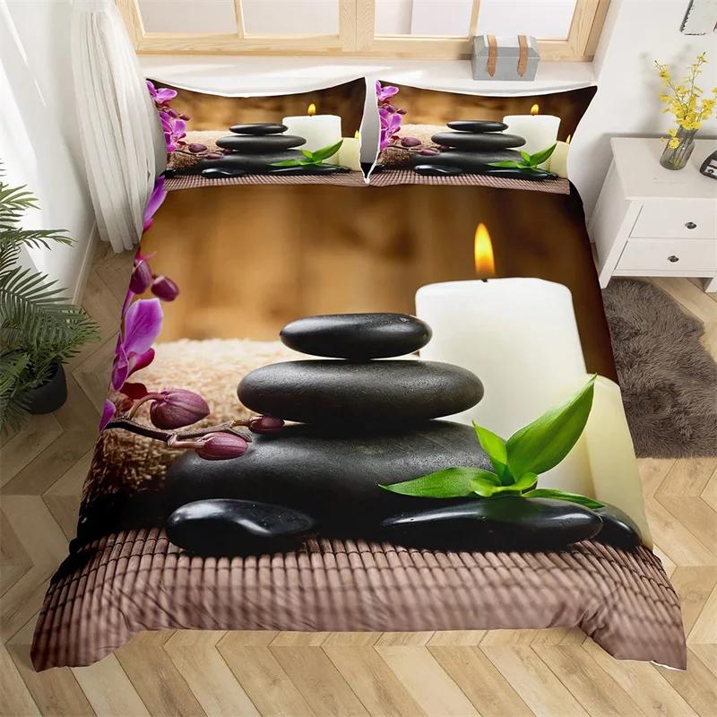 Zen Stones King Duvet Cover Sandy Beach Bedding Set Microfiber Purple Phalaenopsis Comforter Cover Meditation Bedspread Cover
