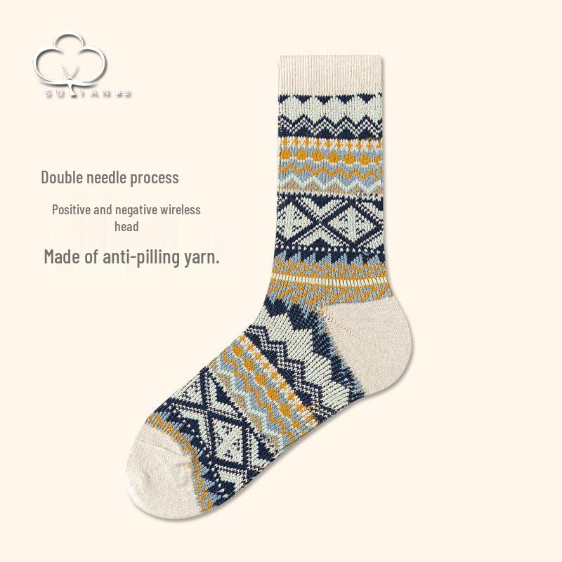 Men's Retro Diamond Stripe Ethnic Long Socks - Trendy Double Needle Design.