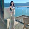 Sequins sexy neck sleeveless dress women's waist and thin high-end evening dress long dress summer