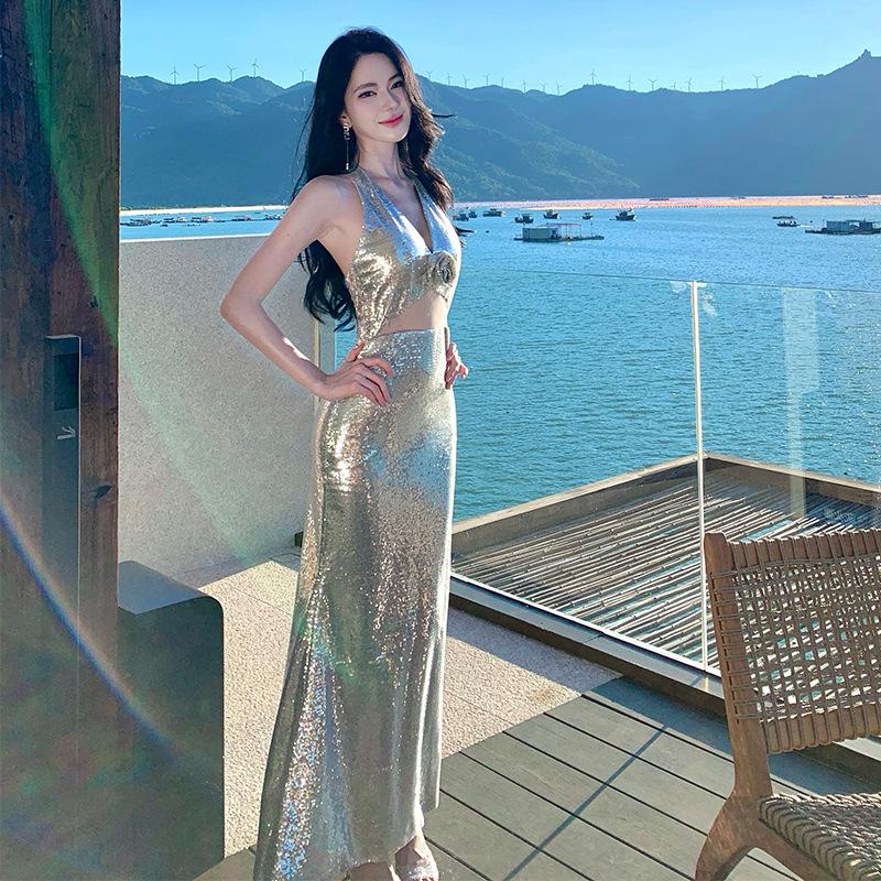 Sequins sexy neck sleeveless dress women's waist and thin high-end evening dress long dress summer