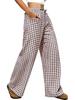 2026 Women's European & American Plaid Trousers - Spring/Summer Casual, Loose Fit, Elastic Waist, Wide Leg with Pockets