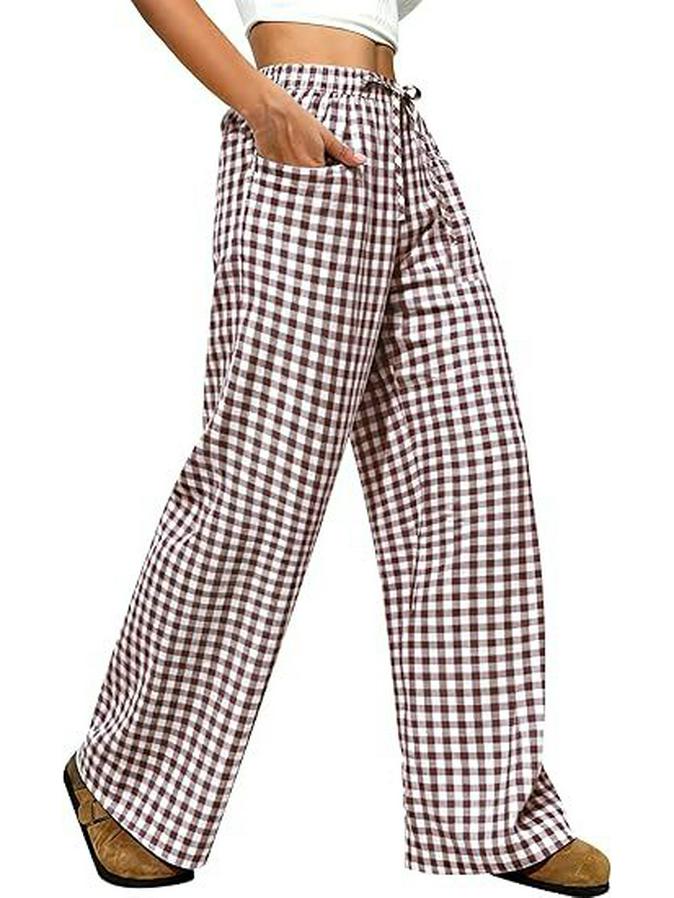 2026 Women's European & American Plaid Trousers - Spring/Summer Casual, Loose Fit, Elastic Waist, Wide Leg with Pockets
