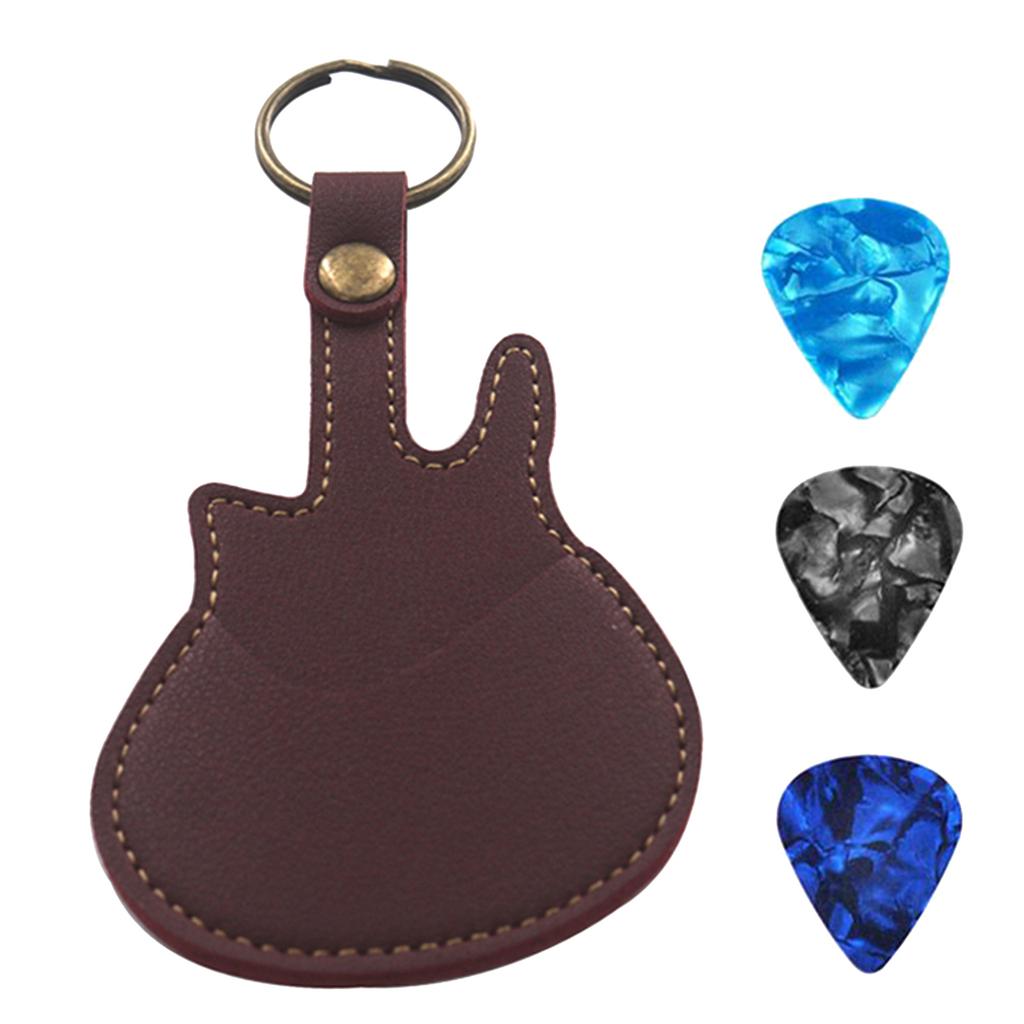 Guitar Picks Holder Case with 3 Picks, PU Leather Picks Bag and Picks Carrying Case with Keyring for Guitar Bass Ukulele
