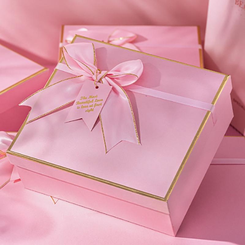 Square Pink Bow Gift Box Creative Diy Wedding Souvenirs Birthday Valentine'S Day And  Year'S Gift Box