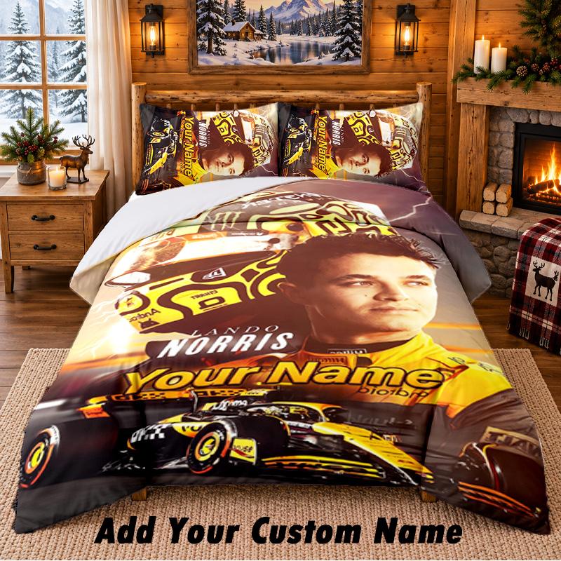 Lando Norris Muster Bettwäsche 3-teiliges Set Individueller Name, Bettlaken und Kissenbezüge für Zuhause Schlafzimmer
