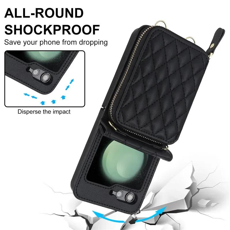 Crossbody Lanyard Leather Zipper Wallet Card Phone Case for Samsung Galaxy Z Flip 7 6 5 4 3 Flip6 Flip5 Flip4 Wrist Rope Cover