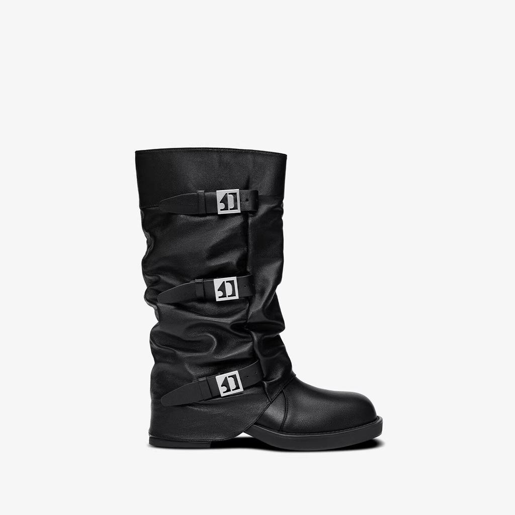 Dark Functional Wind Folded Medium Pants Tube Boots Women'S Thick-Soled Heightening Knight Boots Retro Belt Buckle Skinny Stacking Boots
