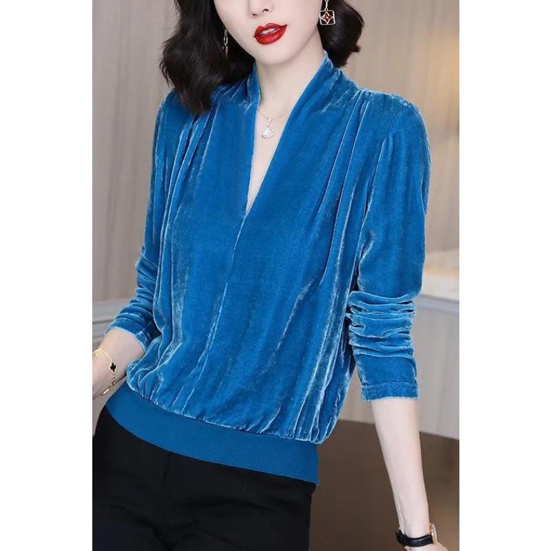 Velká velikost Silný Zlatý Samet Módní Spodní Košile Podzim a Zima Nová Košile s Dlouhým Rukávem Štíhlý Výstřih do V Ležérní Všestranný Top