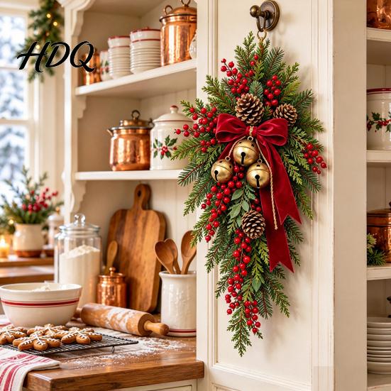 Indoor Outdoor Holiday Decor Christmas Teardrop Swag with Red Bow And Bells Vintage Artificial Norfolk Pine Hanging Realistic Branch Decoration