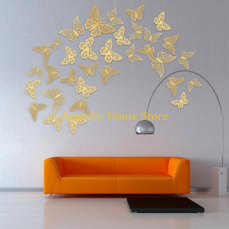 F26C 36 Pcs Hollow 3D Three-dimensional for Butterfly Wall Sticker Elegant Paper Wall Decal Artistic Stickers Home Wall Decor