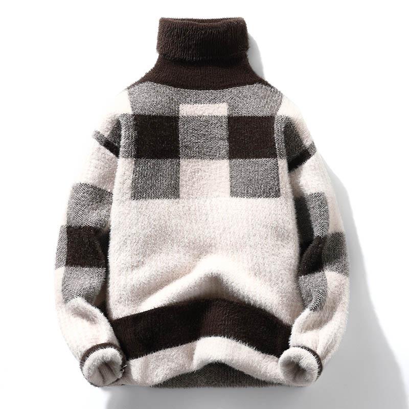 

Men s Faux Mink Velvet Plaid Color-Block High-Neck Pullover Sweater - Thick, Warm, Casual, Versatile Knitwear XL коричневий